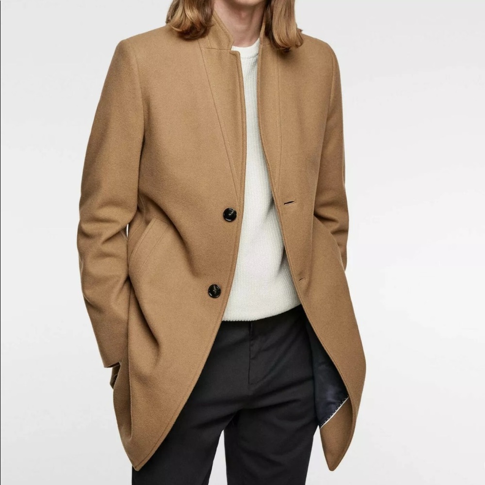 NWT Zara men’s camel wool inverted collar coat, M